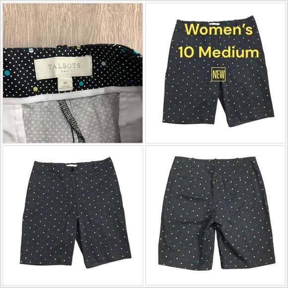 Women's Talbots 10 Medium Shorts Khakis Chino Bermuda Black Polkadot NWOT - Picture 1 of 5